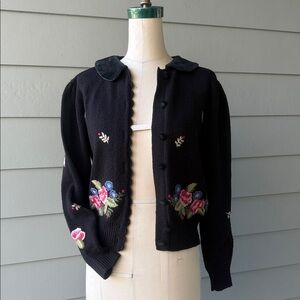 Vintage Black Cardigan with Floral Embroidery